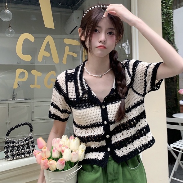 Áo sweater ZHELIHANGFEI ngắn tay cổ polo đan dệt khoét lỗ xuyên thấu thời trang