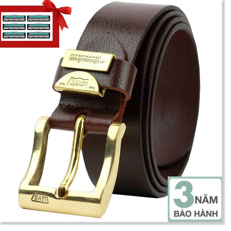 Bảo hành 3 năm -Thắt lưng da bò đầu khóa đồng nguyên khối Ruby Luxxury tặng kèm 6 lưỡi dao cạo râu kép trị giá 60.000 đ