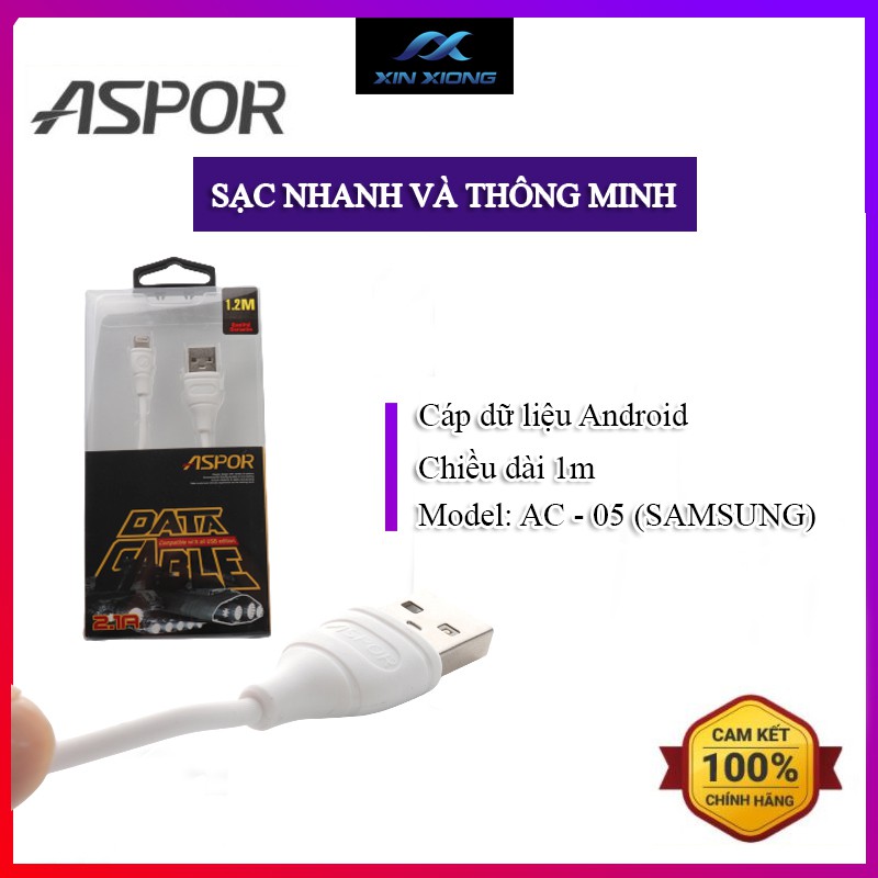 Dây Cáp Sạc/chuyển dữ liệu CHÍNH HÃNG ASPOR_APPLE hỗ trợ QUICK CHARGE 2,1A dài 1 mét