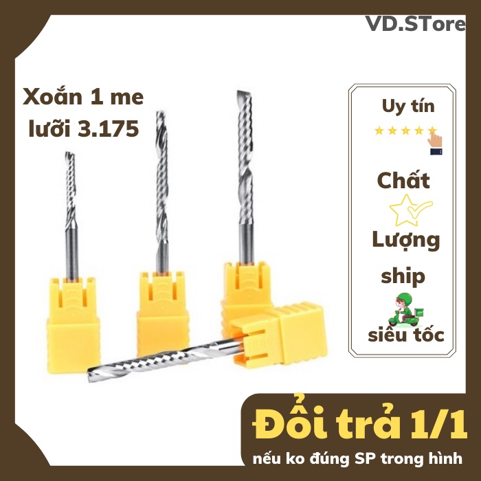Mũi Dao CNC xoắn 1 me Lưỡi 3.175mm mũi làm từ hợp kim, hàng nhập khẩu, chuyên dùng để phay, cắt gỗ, nhựa, MDF, acrylic.