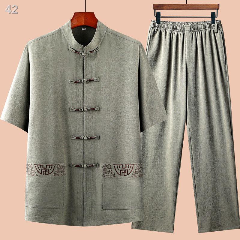 JTang suit nam cotton và linen ngắn tay Bộ đồ 50 bố mùa hè cho người trung niên già Hán ông nội 60 tuổi Quần áo