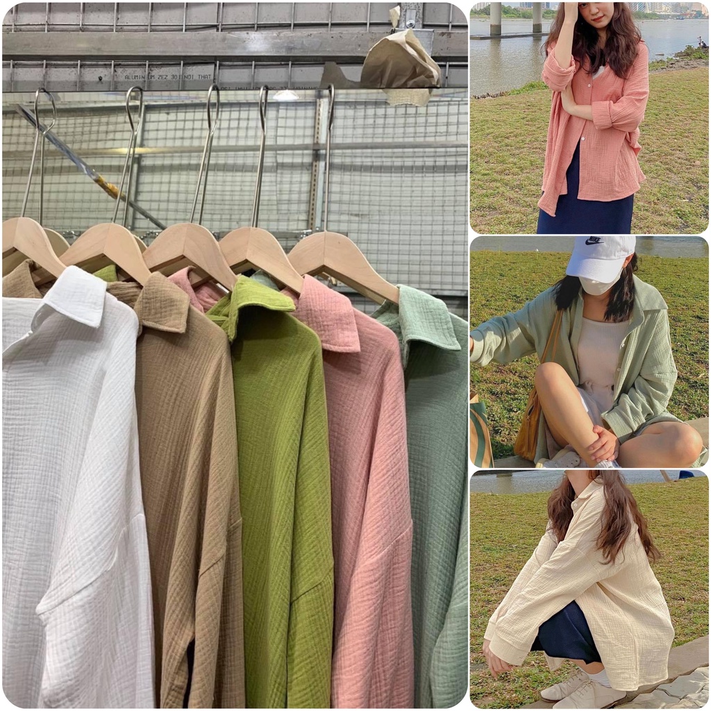 Áo sơ mi nữ dài tay rộng chất đũi màu Trắng, Be, Xanh, Hồng, Freesize đũi xước Hàn Quốc Mềm - Mịn - Mát [Ảnh Thật]