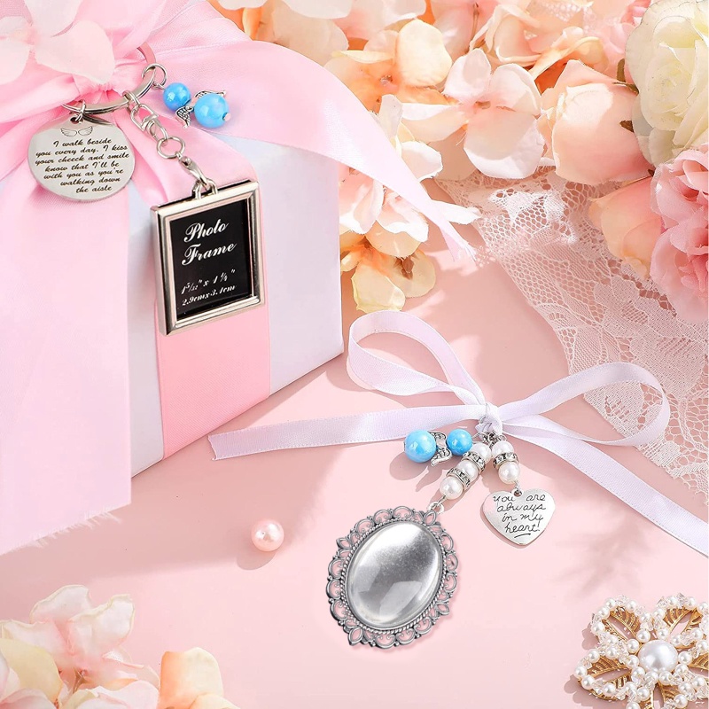 Set 2 Móc Khóa / Khung Ảnh Hình Oval Phối Ren Đính Đá Thủ Công