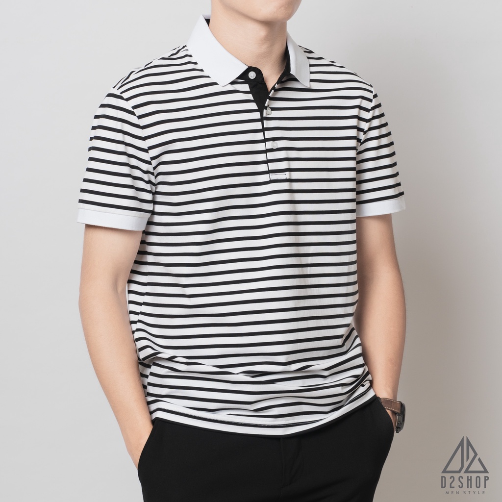 Áo thun polo nam D2shop, áo polo nam sọc ngang, màu trắng