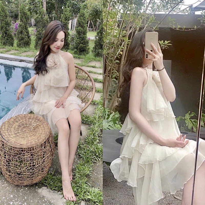 [Mã SKAMA8 giảm 8% đơn 300K] Váy tơ cổ yếm hở lưng thiết kế xếp tầng cực xinh⚡️Ảnh thật | BigBuy360 - bigbuy360.vn