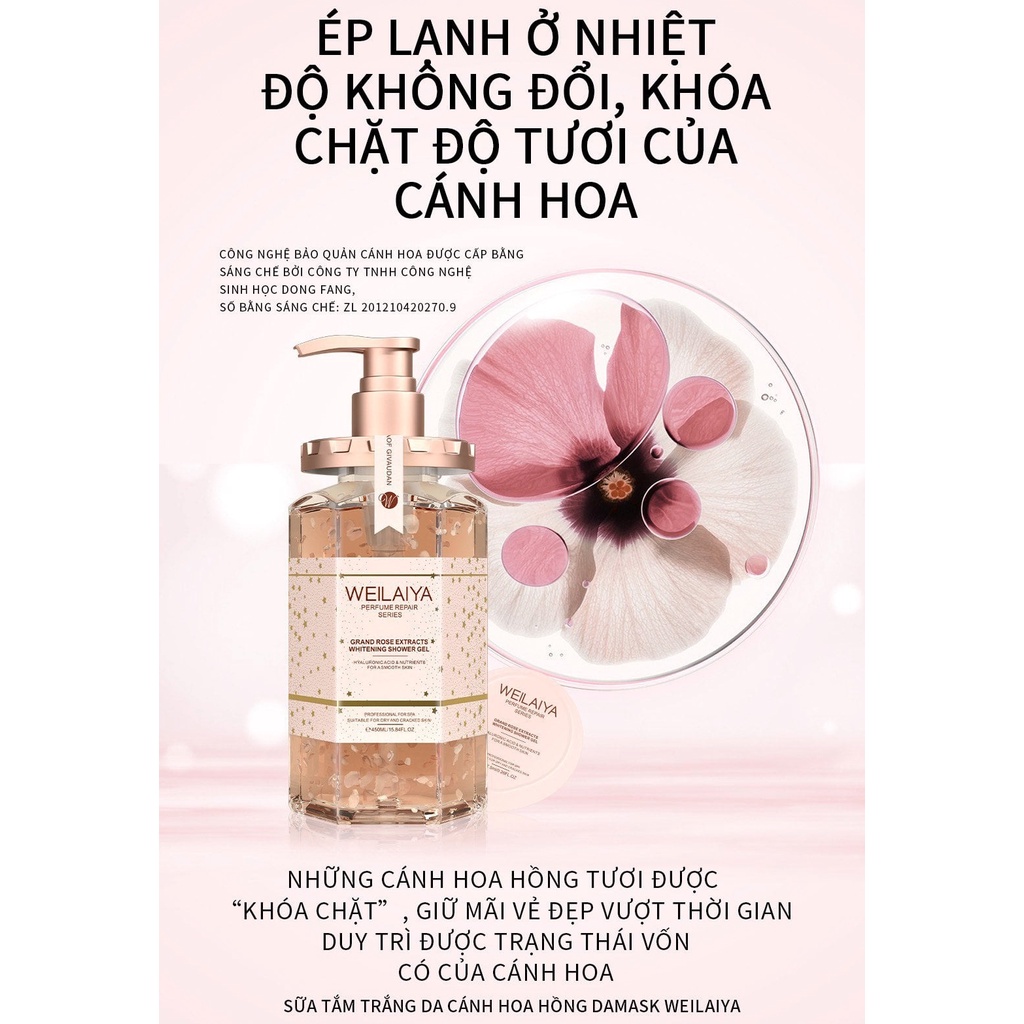 Sữa tắm Weilaiya trắng da cánh hoa hồng Damask 450ml