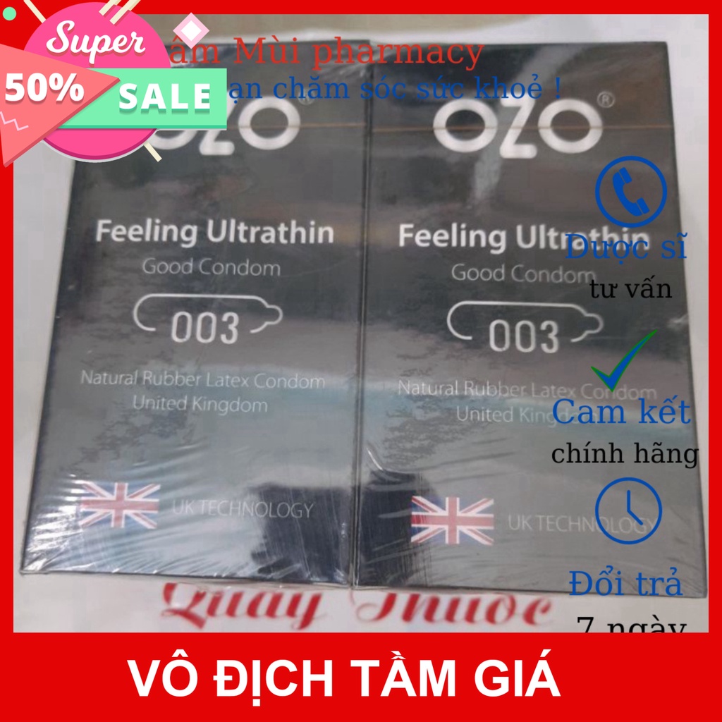 (Mua 3h để nhận quà) Bao cao su OZO No 01 Đen Feeling Ultrathin siêu mỏng, hương vani, nhiều gel bôi trơn - Hộp 10 bcs