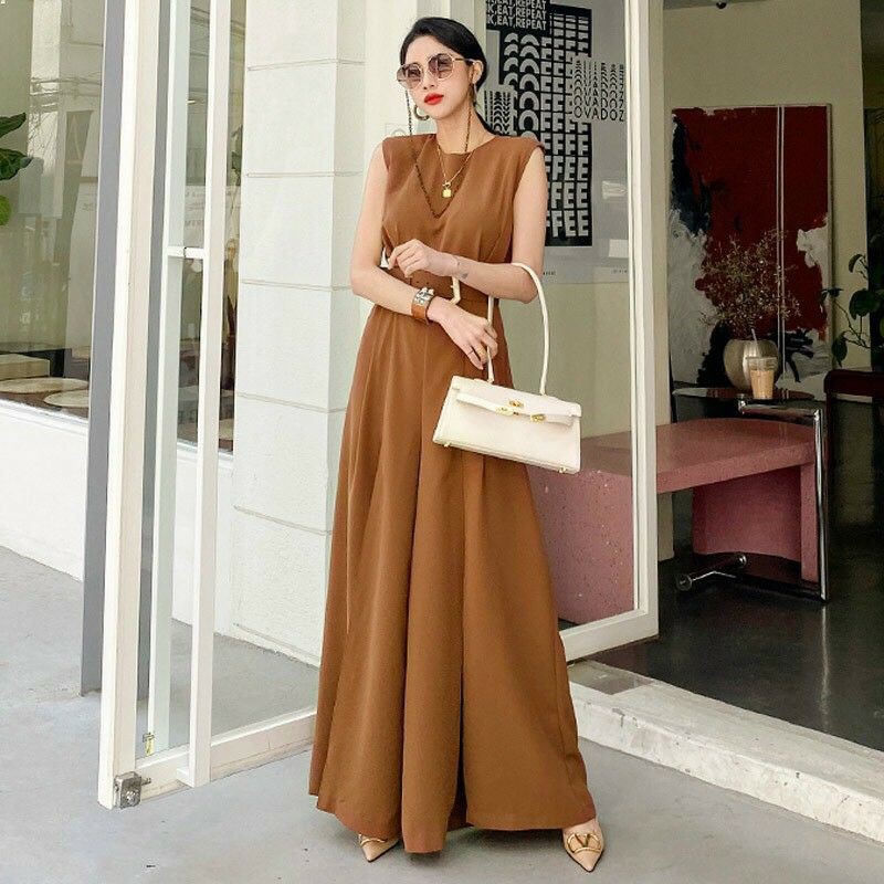 Jumpsuit dài ống rộng xẻ cao, bộ jum không tay kèm nịt - DTH