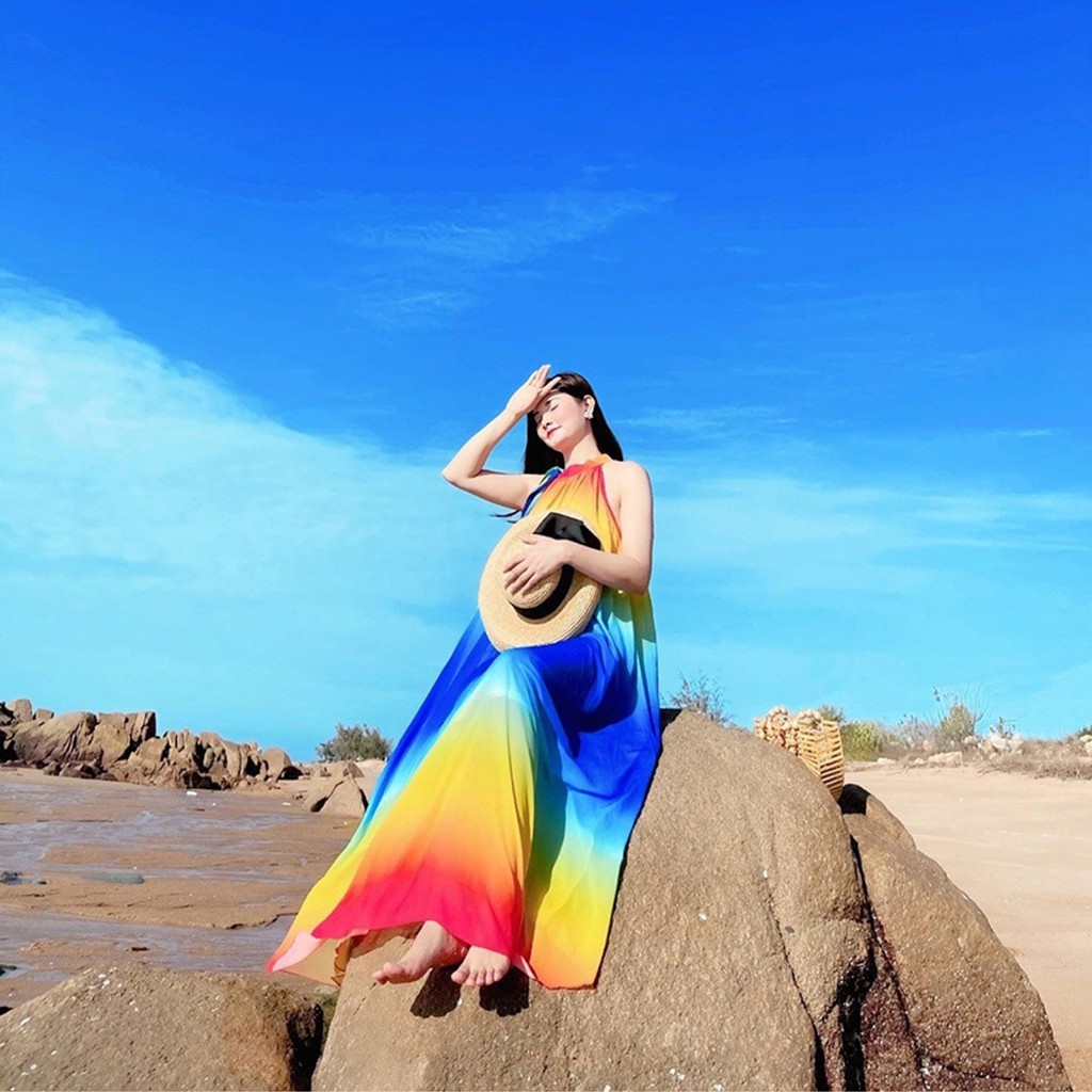 Đầm váy maxi cổ yếm họa tiết loang màu HaKieu Msp018 ( hình chụp thật) | BigBuy360 - bigbuy360.vn