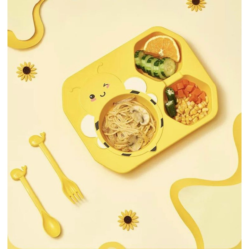 Set khay nhựa ăn dặm kèm bát,cốc,thìa dĩa, đũa hình chú ONG vàng,Bộ khay Ong vàng NPP Baby Tôm