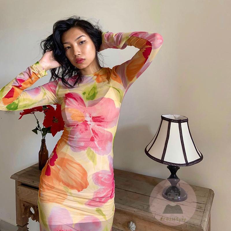Đầm Ngắn Cổ Tròn Tay Dài Eo Cao Xuyên Thấu In Họa Tiết Hoa Cho Nữ