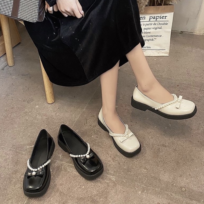 Giày búp bê nữ đính ngọc mũi vuông, giày nữ tiểu thư lolita xinh xắn đế cao 3P