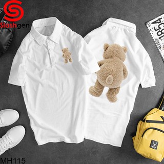 Áo Thun Nam Có Cổ MH115 Polo Trắng Gấu Bông Nâu Nhạt Quay Lưng + Ngực Trái Sau Lưng [40kg-110kg]