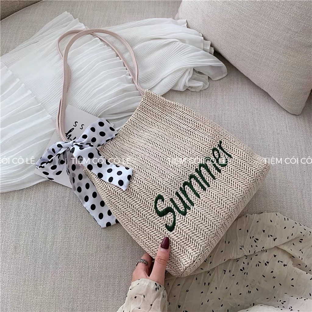 Túi cói đi biển Summer phối nơ chấm bi đen - Tiệm Cói Cô Lê