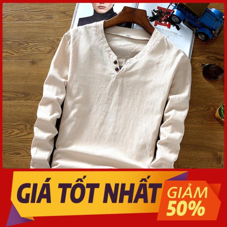 Áo Phông Nam Tay Dài Vải Đũi, Cổ Tàu, Trơn SP3 Đẹp