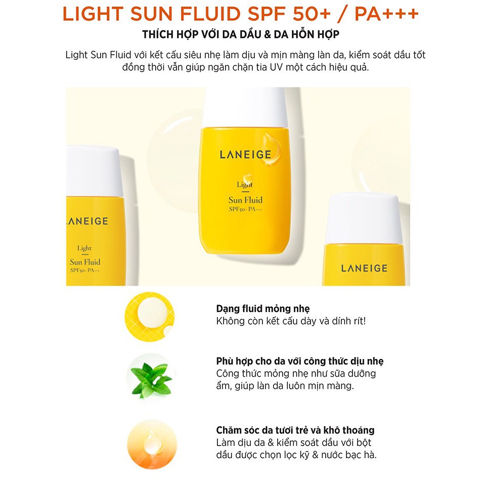 ☀️Kem chống nắng dạng lỏng, kiểm soát dầu, chống nước Laneige Light Sun Fluid SPF50+/PA+++ 50ml☀️