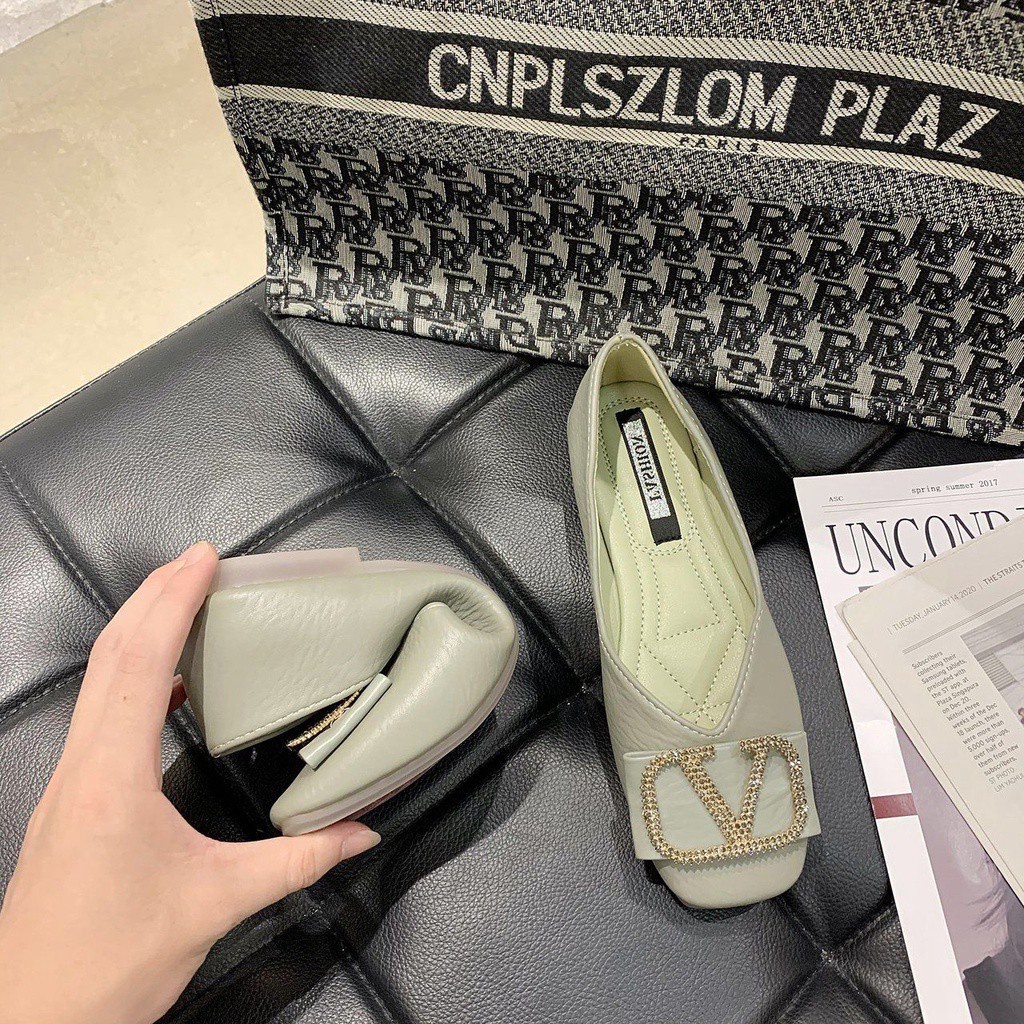 Giày búp bê bằng da mềm mũi vuông miệng nông thiết kế độc đáo phong cách sang trọng cho nữ