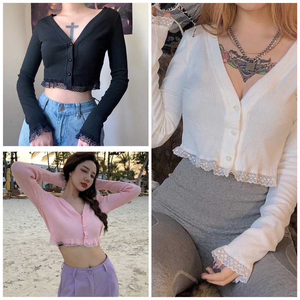 Áo Thun Crotop Nữ Dài Tay Cổ Tim Phối Viền Ren Chất Coton