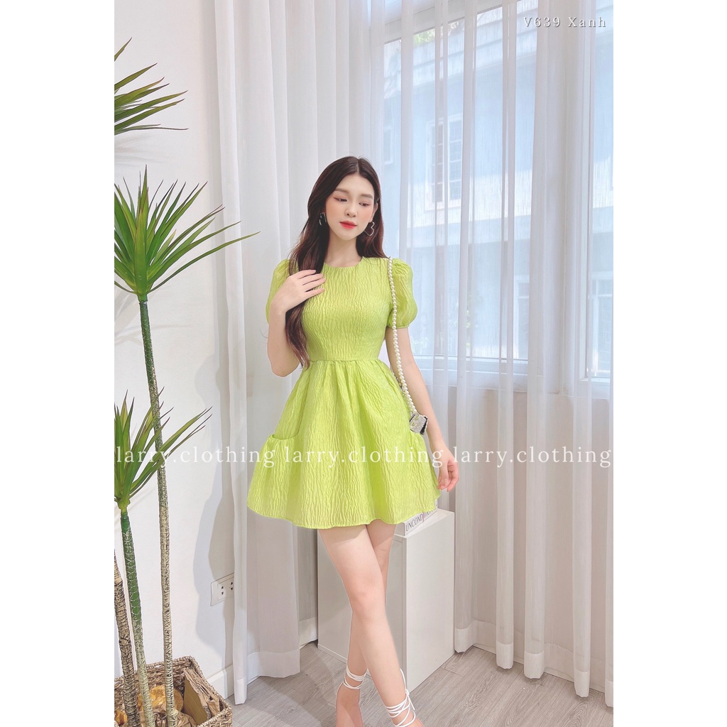 Đầm thiết kế nữ váy Tapta dáng babydoll vải nhăn cổ tròn 2 lớp chiết eo bồng thời trang thiết kế Larry Clothing V639