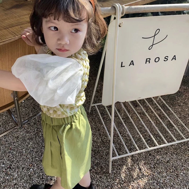 Bộ Áo Tay Phồng + Quần Short Thời Trang Mùa Hè Hàn Quốc Cho Bé Gái