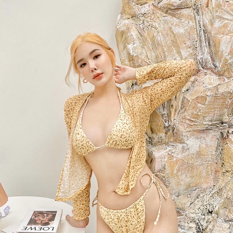 SET BIKINI 3 MÓN BEO MÀU BE KÈM ÁO CHOÀNG