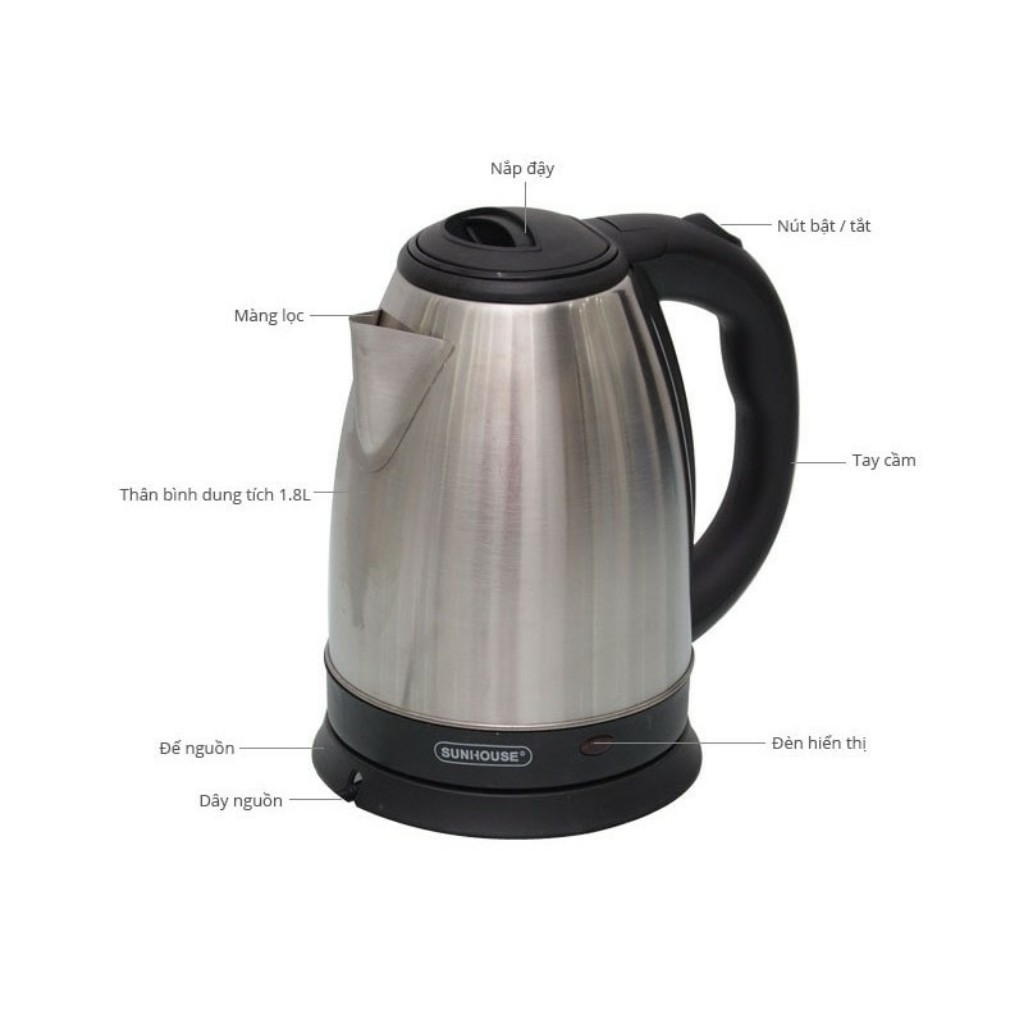 [Free Ship] Ấm siêu tốc Inox 1,8L Sunhosue HAPPY TIME bảo hành 12 tháng