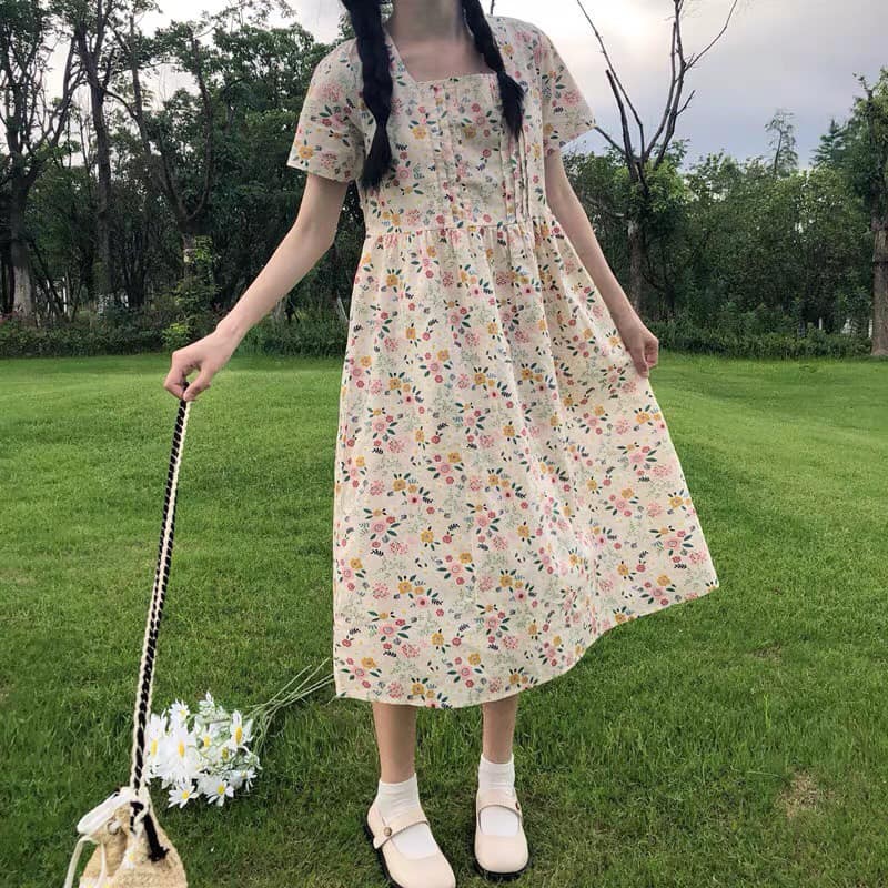 Đầm babydoll hoa nhí cổ vuông xếp li ngực ulzzang - váy hoa vintage siêu xinh Zuca Shop