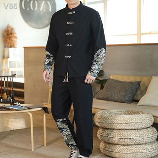 ▤☸Tang suit nam phong cách Trung Quốc màu xanh lá cây thủy triều đĩa nút áo sơ mi dài tay cộng với phân bón kích thước b