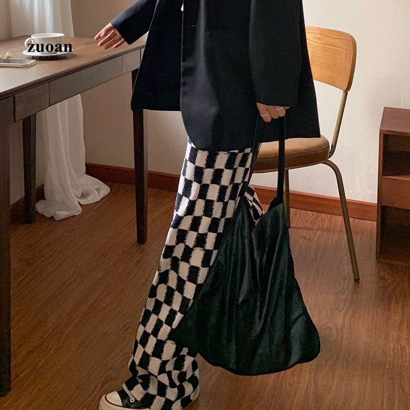 SUXI Quần dài ống rộng họa tiết caro thời trang phong cách Hàn Quốc cho nữ