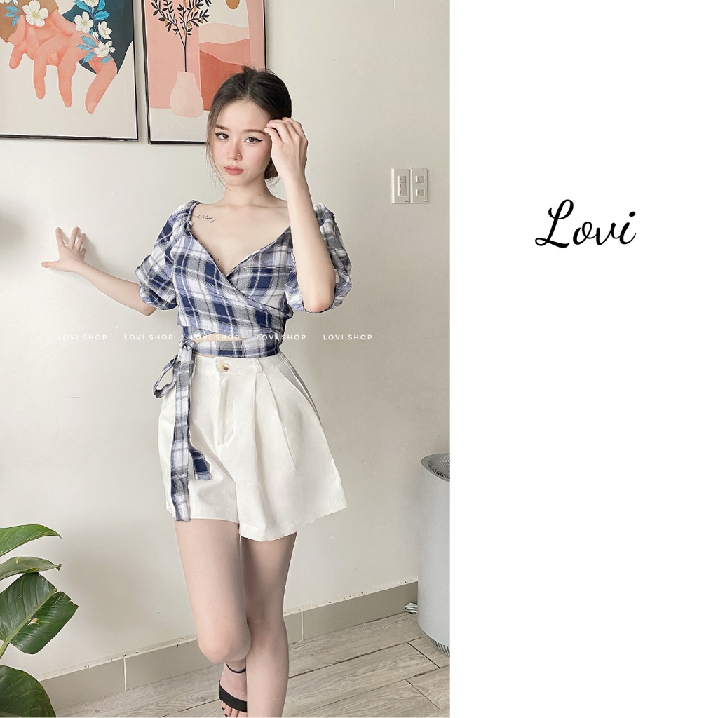 Áo caro đắp chéo cột nơ 2 màu xanh- đen