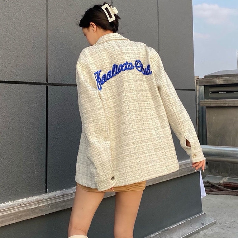 Áo Khoác Sơ Mi Dạ Tweed Thêu Chữ Cá Tính Kèm Ảnh Thật