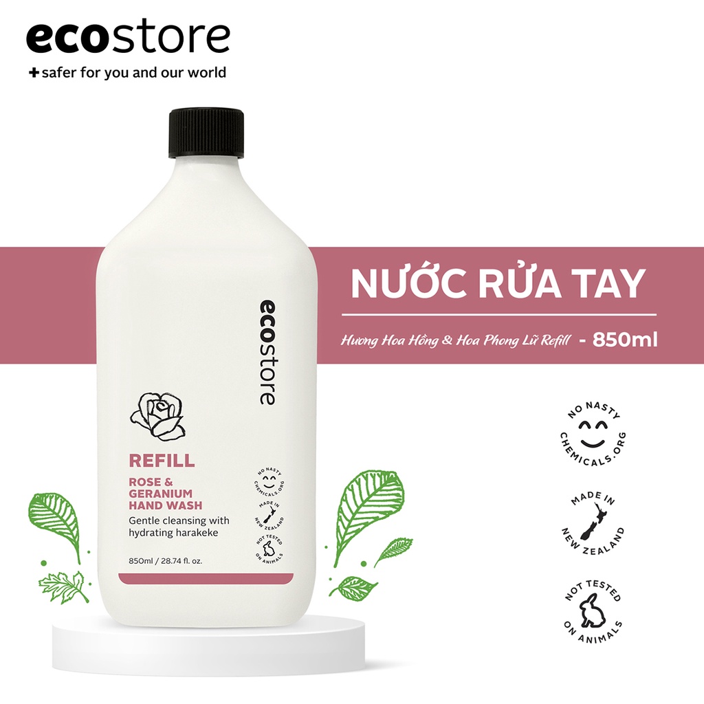 Ecostore Nước rửa tay hương hoa hồng và hoa phong lữ gốc thực vật refill 850ml (Rose &amp; Geranium Hand Wash)