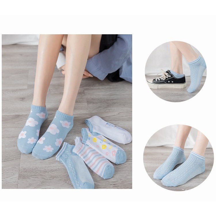 Túi 5 Đôi Tất Cổ Ngắn Họa Tiết Dễ Thương Nhiều Màu Vintage Chất Vải Cotton Thoáng Mát Khử Mùi