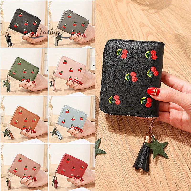 Women Wallets Lady Zipper Coin Purse Lovely Cherry Girls Short Tassel Wallet Burse Bags Woman Purses Cards Holder  @vn