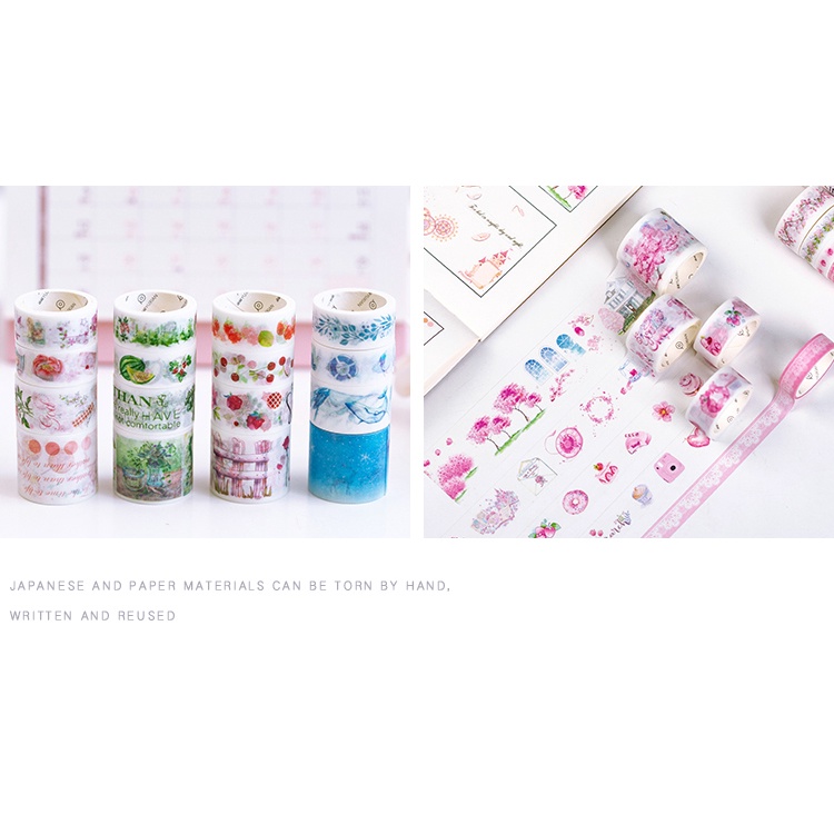 Washi Tape Set 10 Cuộn Cute Vintage Nhiều Màu Combo Bullet Journal Trang Trí Sổ Tay Nhật Ký WS11
