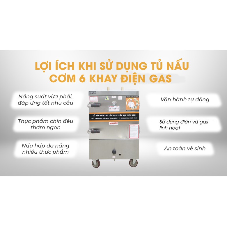 Tủ nấu cơm 30 kg gạo/mẻ 6 khay bằng điện gas NEWSUN Việt Nam - Bảo hành 12 tháng - Hàng chính hãng