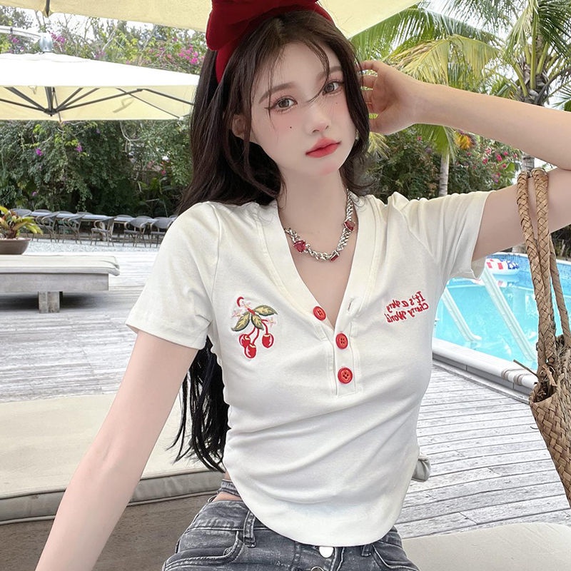 COZOK Áo Thun Tay Ngắn Dáng Ôm Thêu Hình Quả Cherry Dễ Thương