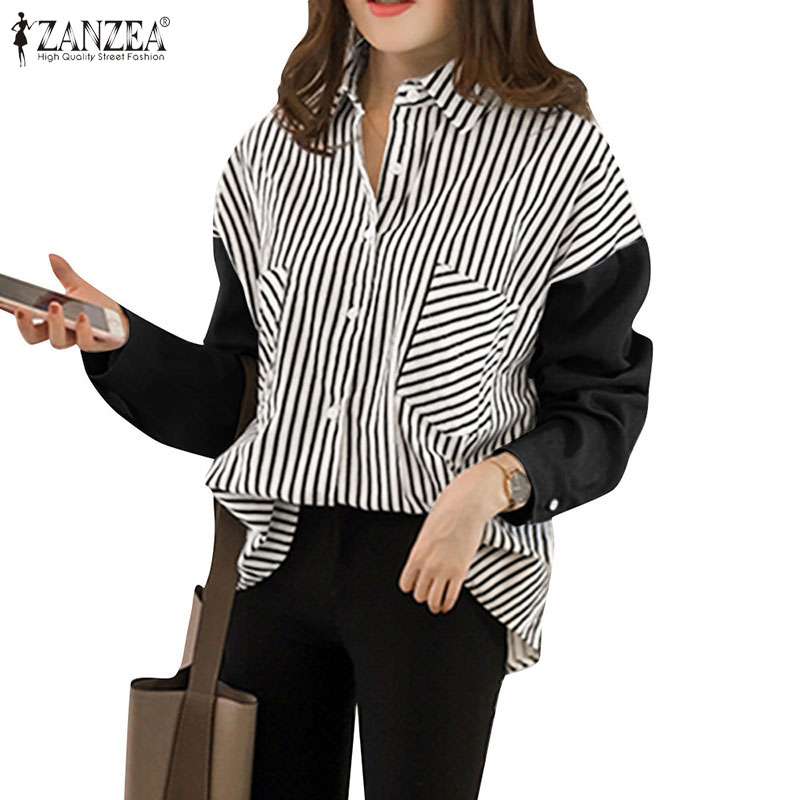 Áo Sơ Mi ZANZEA Dài Tay Có Họa Tiết Sọc Thiết Kế Giản Dị Cho Nữ