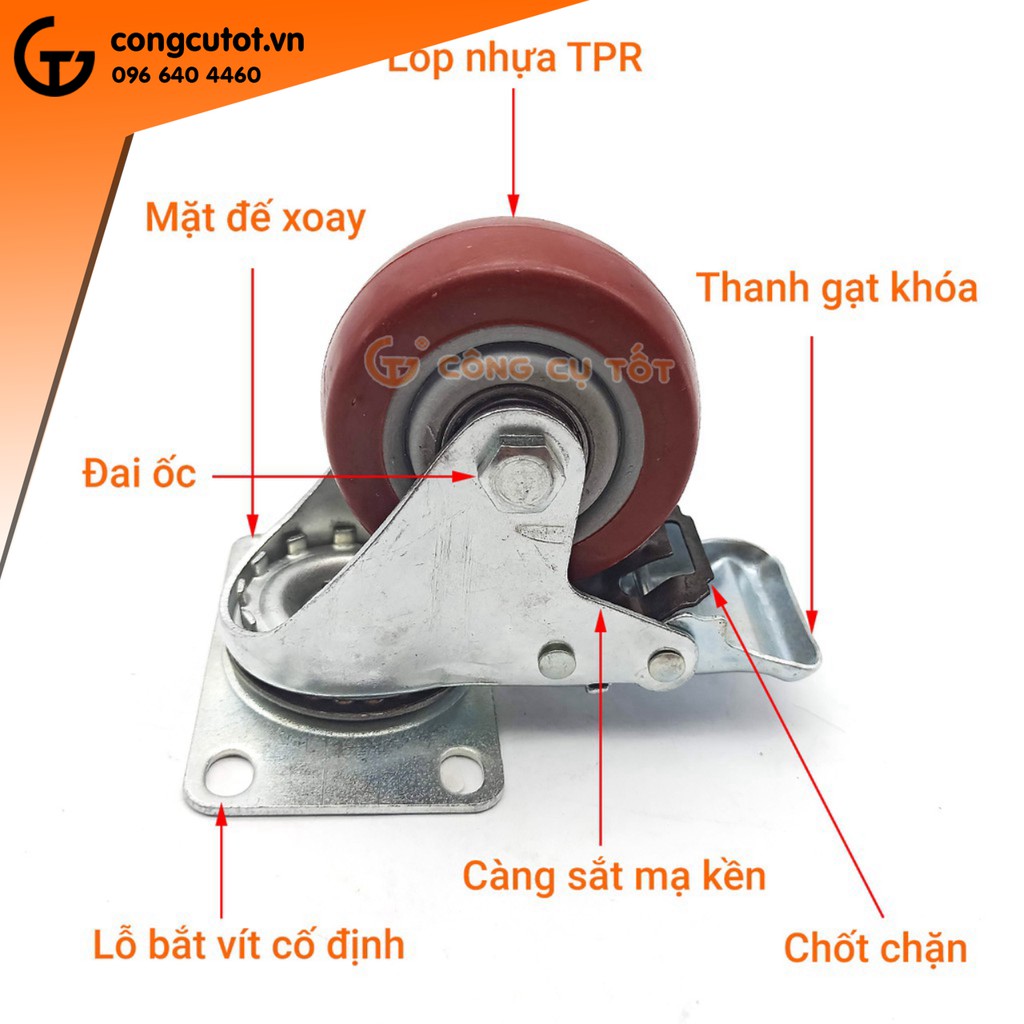 Bộ 4 bánh xe đẩy hàng tổng tải 200kg xoay 360 độ lốp nhựa TPR đỏ mận hãm sau Φ75mm