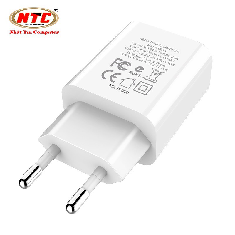 Cốc sạc 2 cổng Hoco C63A EU màn hình LCD hiển thị điện áp MAX 5V-2.1A (Trắng) - Hàng chính hãng