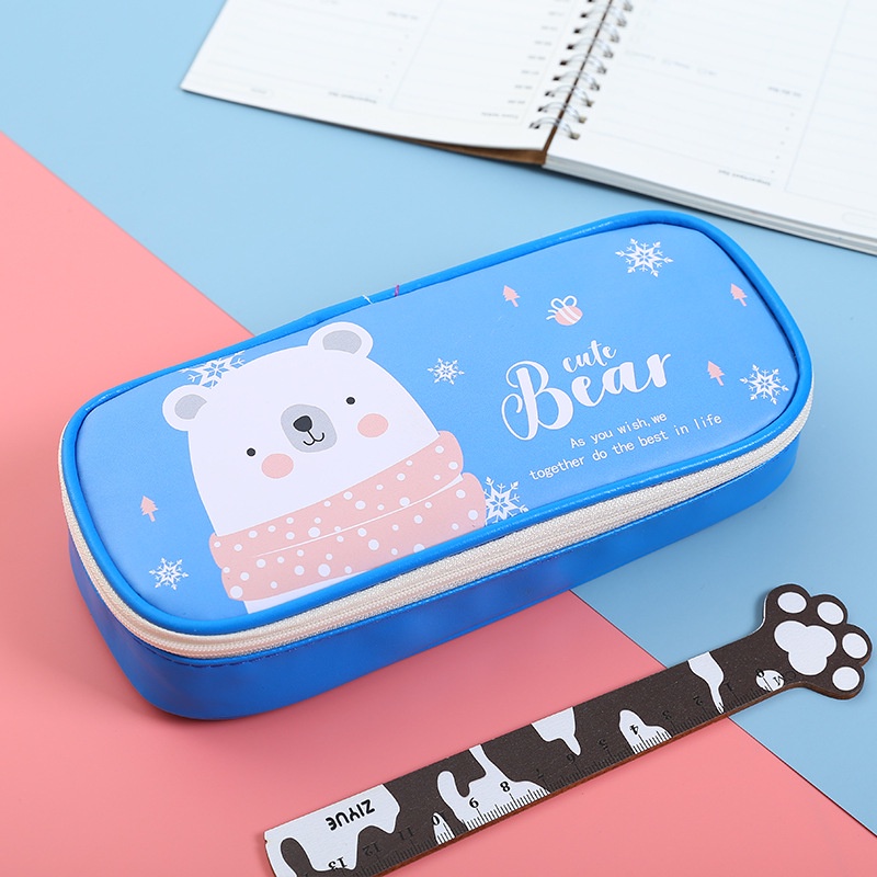 Túi đựng bút/dụng cụ trang điểm chất liệu vải bố cỡ lớn chống thấm nước họa tiết gấu/thỏ hoạt hình dễ thương đa năng