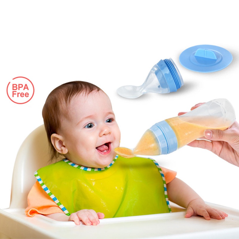 Bình Ăn Dặm 120ml Bằng Silicone Kèm Muỗng Chống Bụi Cho Bé