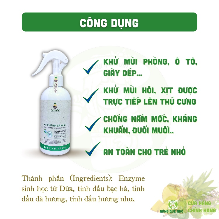 Xịt Khử Mùi Đa Năng Hữu Cơ FUWA 3e Hương Bạc Hà Khử Mùi Thú Cưng Ô Tô Quần Áo Đuổi Muỗi 300ml