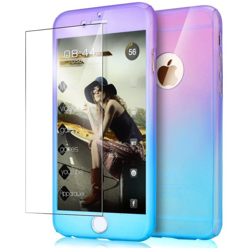 Ốp lưng PC cứng 360° 3 trong 1 bảo vệ toàn diện màu gradient cho iPhone 7 Plus 5.5" kèm kính cường lực