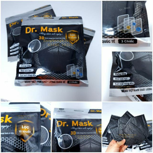 Khẩu trang 3D than hoạt tính 4 lớp Dr.Mask CHÍNH HÃNG (890534)(túi 3 chiếc màu ĐEN )