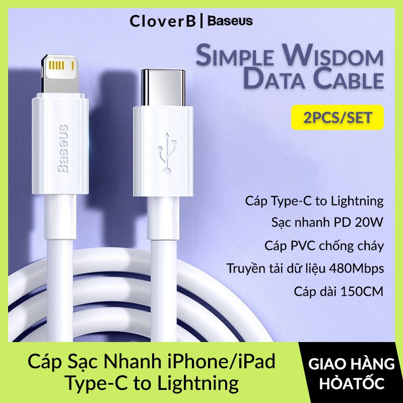 Combo 2 Cáp Sạc Nhanh iPhone Type C to Lightning Baseus Simple Wisdom Hỗ Trợ PD 20W, 18W, Dài 150cm, Chống cháy