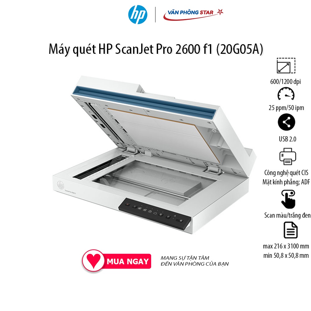 Máy quét HP ScanJet Pro 2600 f1 (20G05A) ADF; Công nghệ quét CIS; Mặt kính phẳng; Lên đến 25 ppm/50 ipm 1200 x 1200 dpi