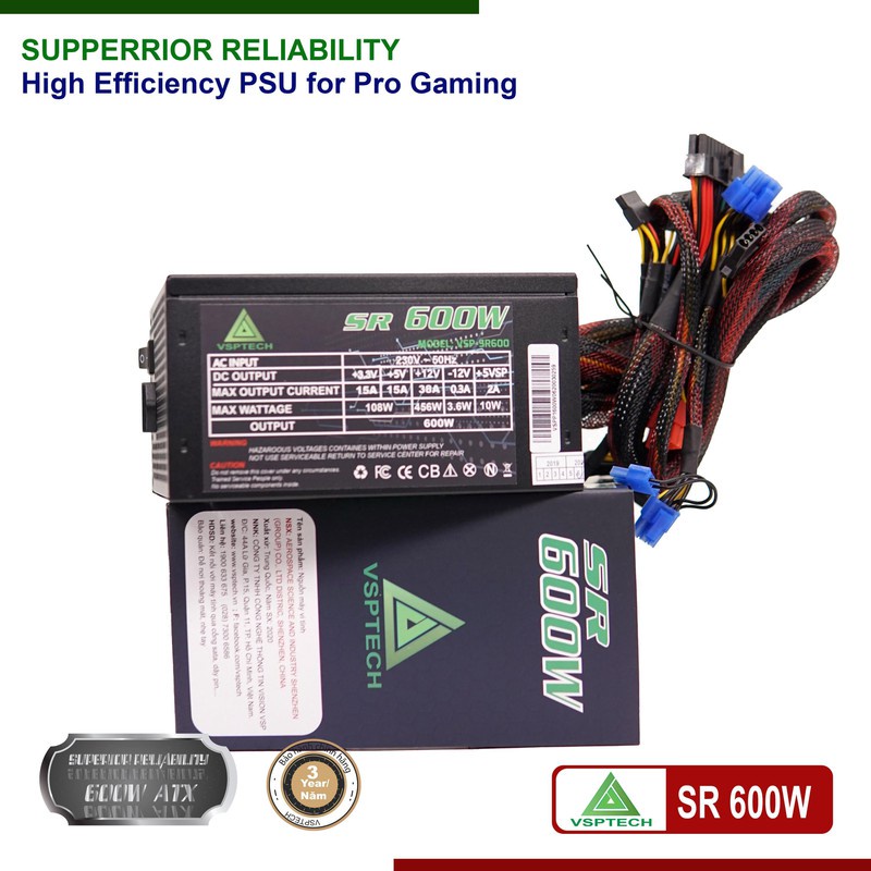 Nguồn VISION SR-600W Gaming Led Chính hãng (4+4pin, 2x6+2pin). VI TÍNH QUỐC DUY