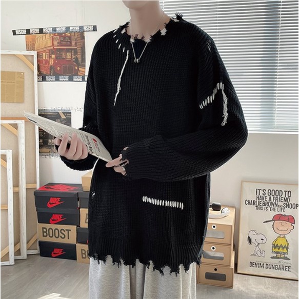 Áo sweater nam len đan thời trang unisex hàn quốc Áo sweater len nam rách viền cá tính phong cách ulzzang đi chơi đi học