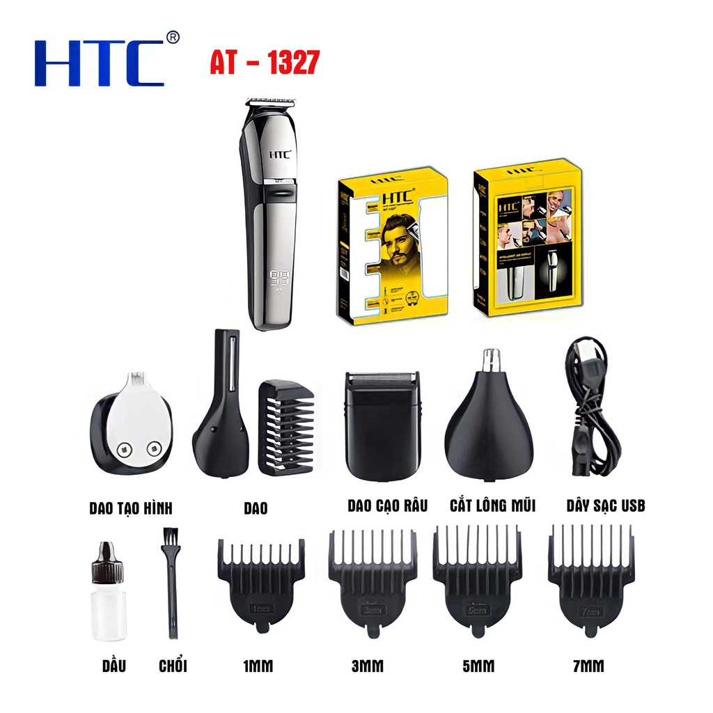 Tông đơ cắt tóc, cạo râu kiêm chấn viền chính hãng HTC, sạc USB cao cấp tiện dụng, tặng kèm 8 phụ kiện